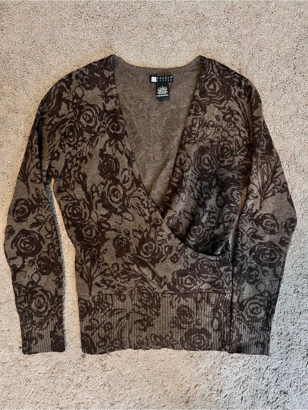 Angora and Wool Brown Floral V-Neck Wrap-Style Sweater